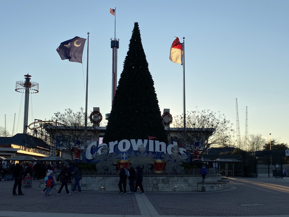 This is the giant Christmas tree outside the front gate, north, at Carowinds.