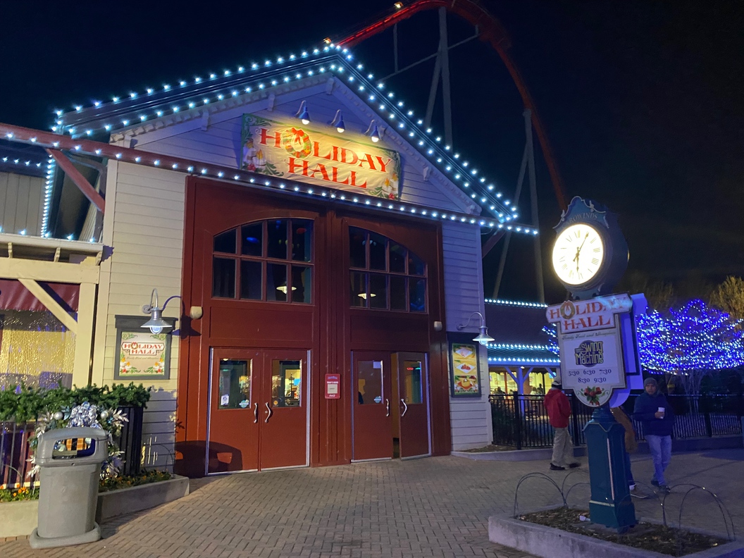 Holiday Hall is decorated with lights for Christmas at Carowinds.