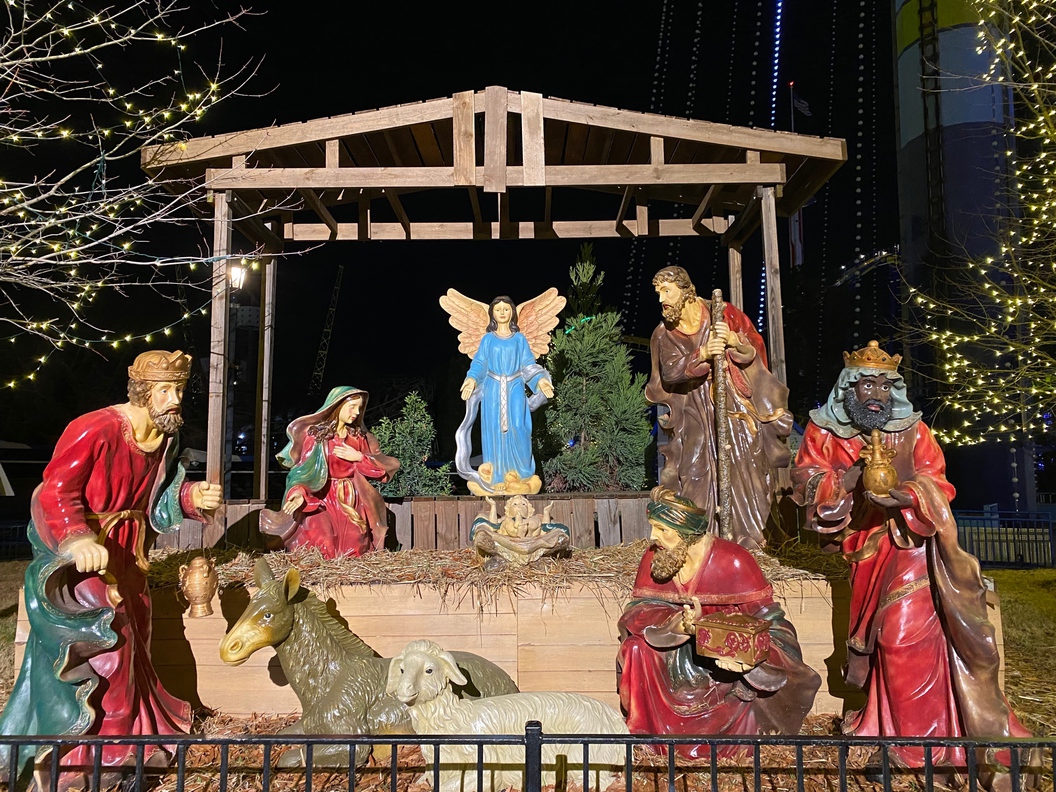 This is the Christmas nativity scene at Carowinds, with figurines in period costume.
