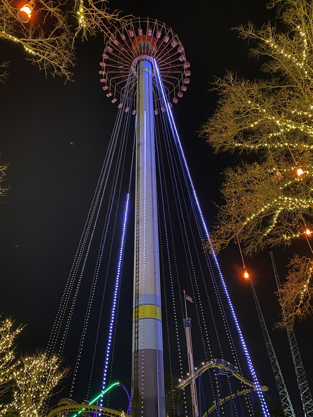 This is the Windseeker ride at Carowinds, illuminated at night for WinterFest.