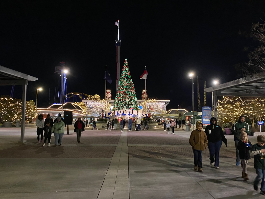 This is the Christmas tree outside the front gate at Carowinds, at the end of the evening.