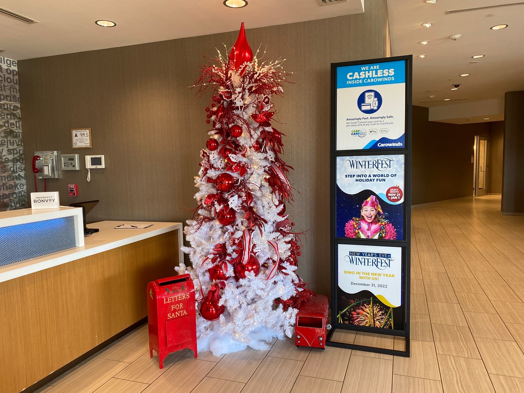 The lobby at SpringHill Suites is decorated for Christmas.
