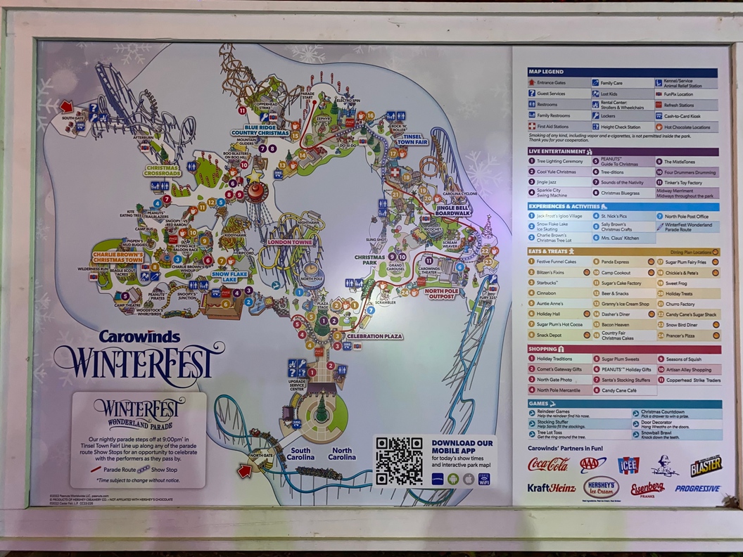 This is a phone-snap of a map posted on a billboard inside the Carowinds theme park for WinterFest 2022.
