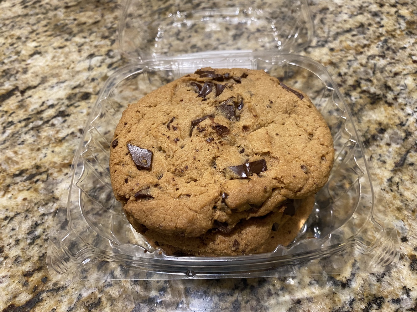 A
      close-up of the chunks of chocolate in the cookies.