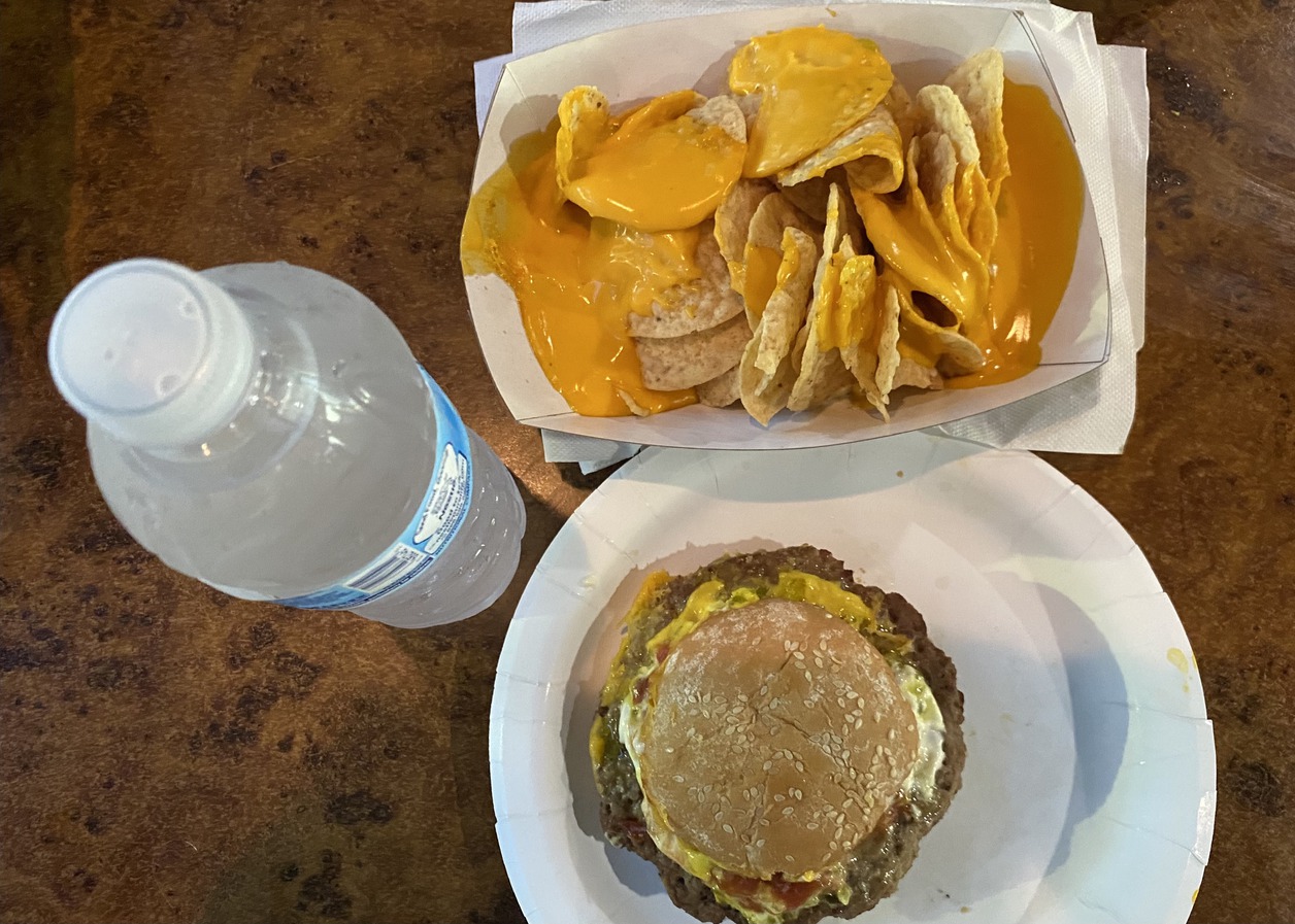 A cheeseburger from the galley.