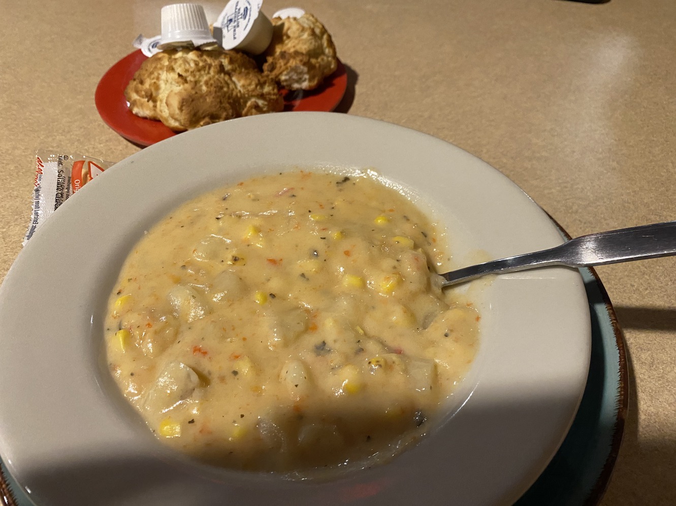 The
            shrimp and roasted corn chowder comes with biscuits.