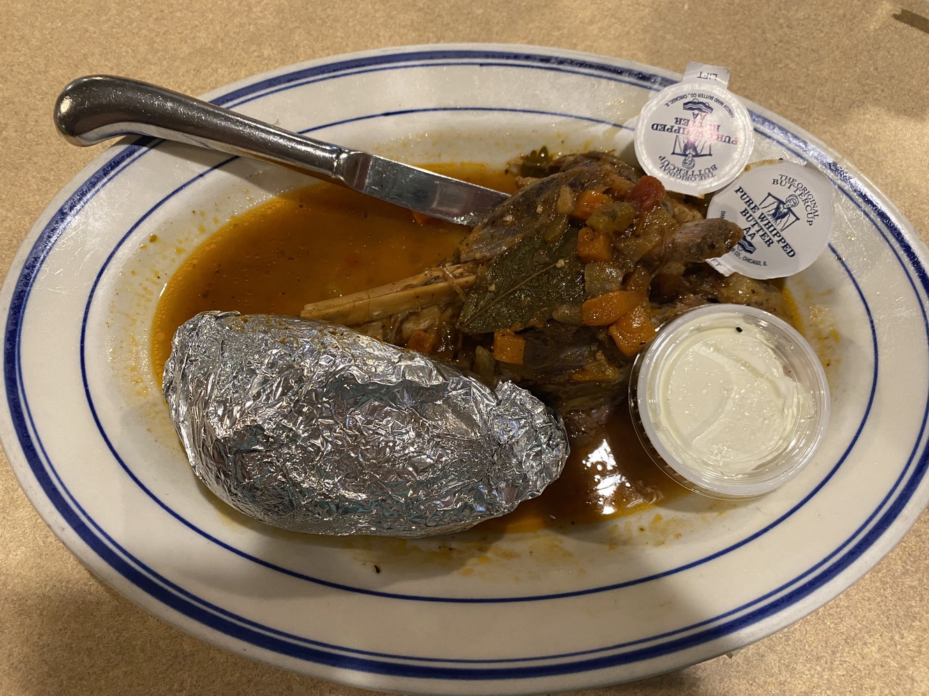 Lamb chop
          with baked potato for dinner.