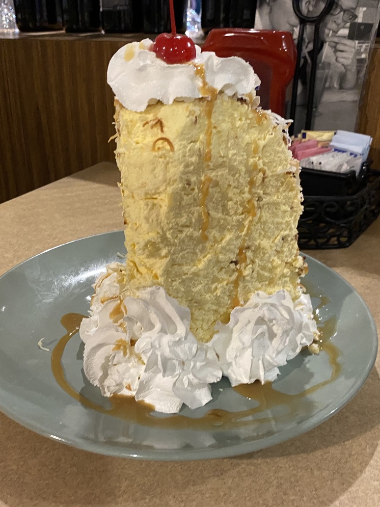 This single slice of coconut pie can serve four people.