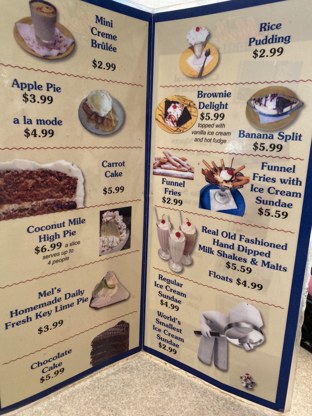 The dessert menu has sweet treats both large and small.
