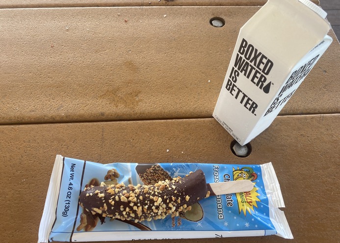Chocolate covered
          frozen banana with peanuts.